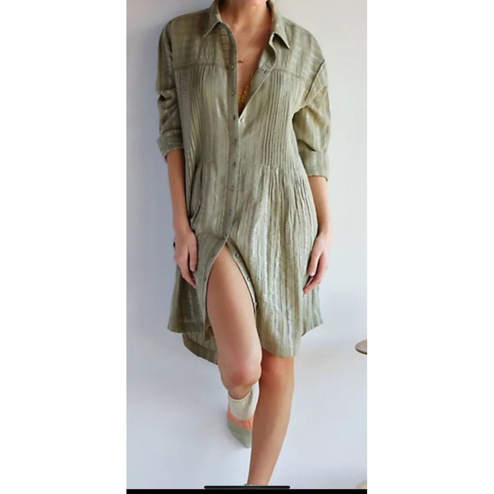 Anthropologie Green Pintuck Shirt Dress Button Up Long Sleeve Women size Small
